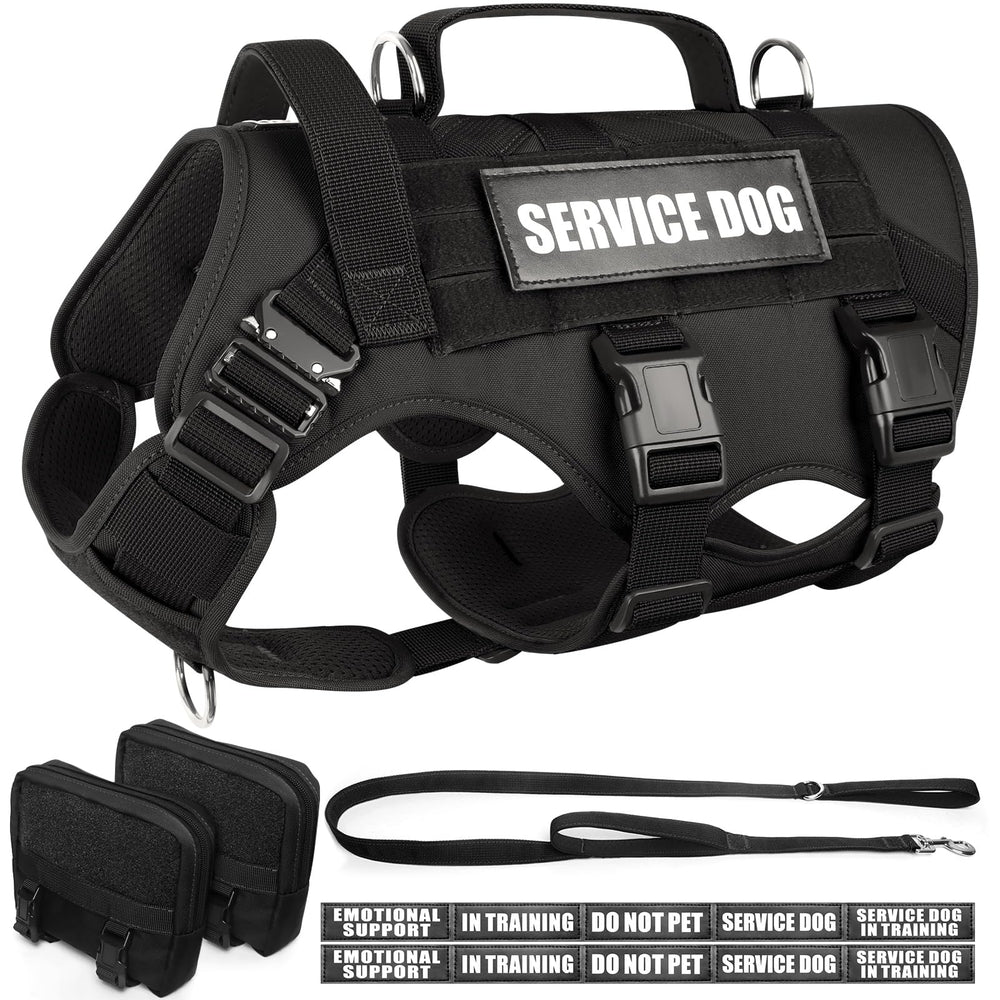 WINSEE tactical dog harness side view with adjustable neck and chest fit for large breeds.