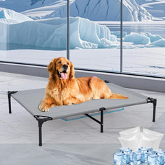 Wn’s Day 48-inch outdoor elevated dog bed with ice packs, back view for cooling.