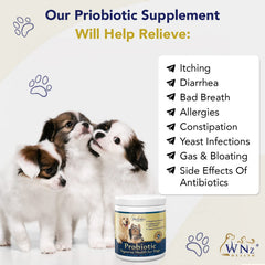WNz Health Probiotics for Dogs label highlights chicken and bacon flavor for palatability