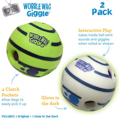 Wobble Wag Giggle Ball glow in the dark glows for night play.