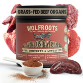 WolfRoots Alpha Organ Blend jar front, a nutrient-rich dog supplement for immune support.
