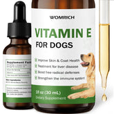 WOMRICH Vitamin E for Dogs bottle showing easy-to-use liquid for skin and coat support.