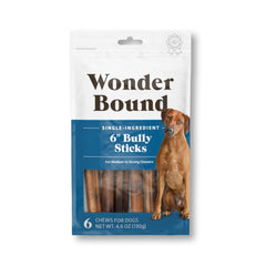 Wonder Bound Bully Sticks beef 6-inch pack front view; natural dog chew.