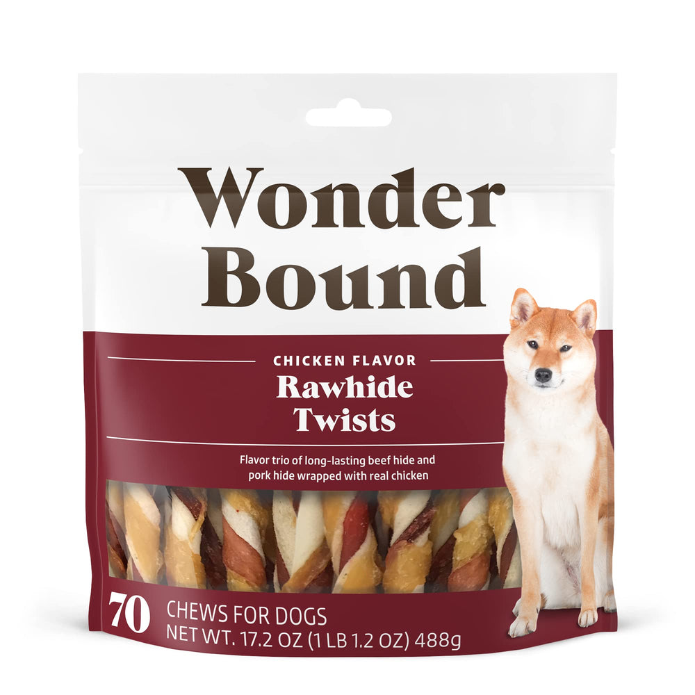 Wonder Bound chicken flavor rawhide twist close-up chew promotes dental upkeep
