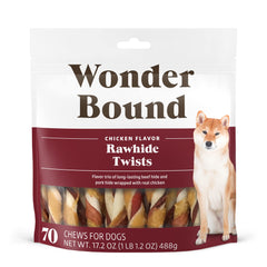 Wonder Bound chicken flavor rawhide twist close-up chew promotes dental upkeep