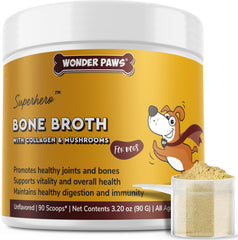 Wonder Paws bone broth bottle being poured for dogs, supporting digestion