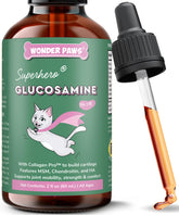 Wonder Paws cat glucosamine liquid bottle with dropper for easy dosing and joint support.