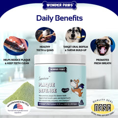 Wonder Paws dental powder helps maintain gum health and breath.