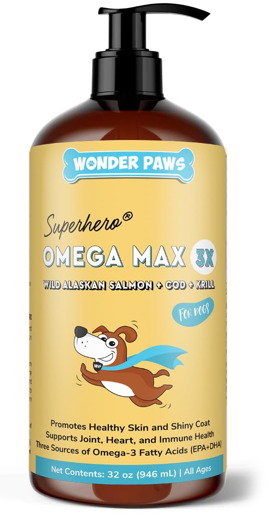 Wonder Paws fish oil bottle pump showing easy daily dosing for dogs