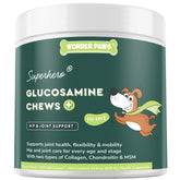 Wonder Paws glucosamine for dogs chews bottle close-up showing joint support.