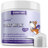 Wonder Paws goat milk powder being poured over dog kibble for easy nutrition.