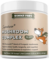 Wonder Paws immune mushroom powder bottle for dogs supports canine vitality.