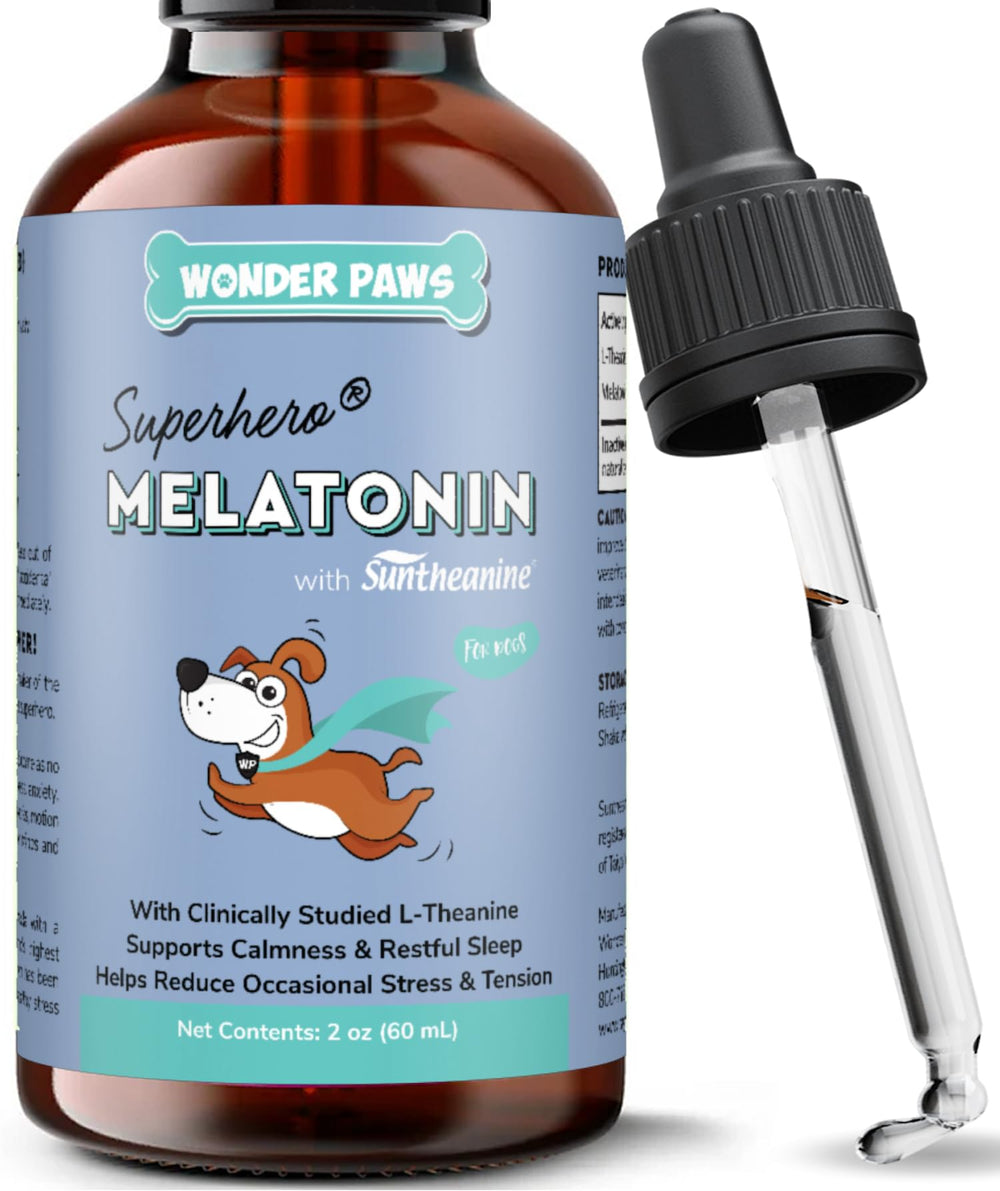 Wonder Paws melatonin for dogs bottle with dropper for easy dosing