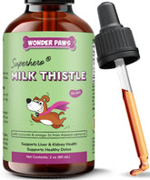 Wonder Paws milk thistle drops bottle for daily liver and kidney support.