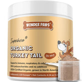Wonder Paws Organic Turkey Tail powder sprinkled on dog food for immune support