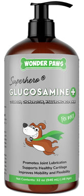 Wonder Paws premium liquid glucosamine bottle for dogs supports mobility and joint comfort.