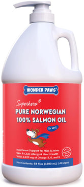 Wonder Paws salmon oil for dogs being poured onto food for a tasty daily boost.