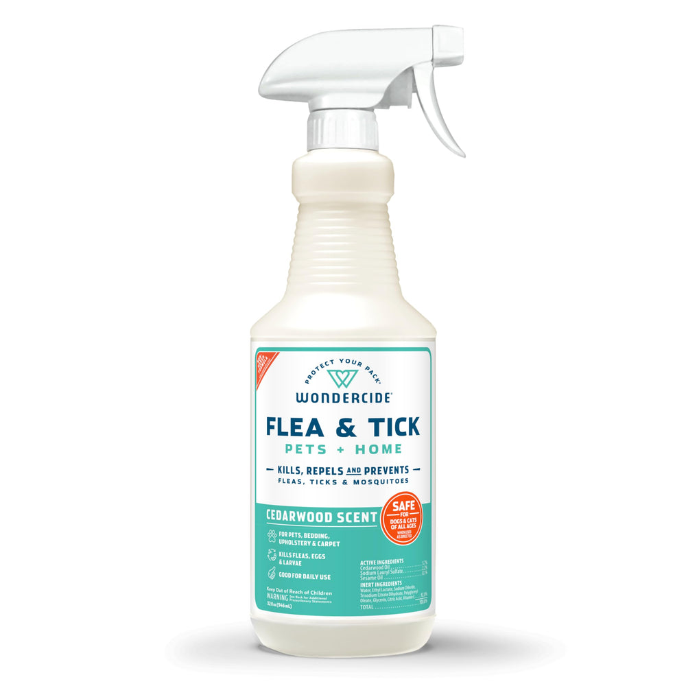 Wondercide Cedarwood spray for pets kills and repels fleas, ticks, and mosquitoes.
