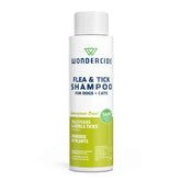 Wondercide flea-tick shampoo bottle shows plant-powered formula for safe pet care.