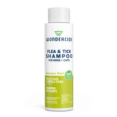 Wondercide flea-tick shampoo bottle shows plant-powered formula for safe pet care.