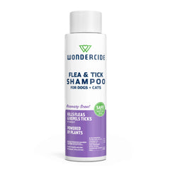 Wondercide Flea & Tick Shampoo bottle with rosemary scent for calming baths.