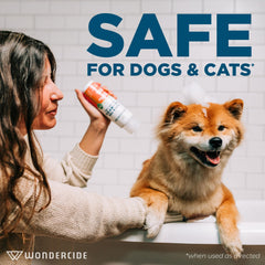 Lathering Wondercide shampoo on dog for flea and tick protection.