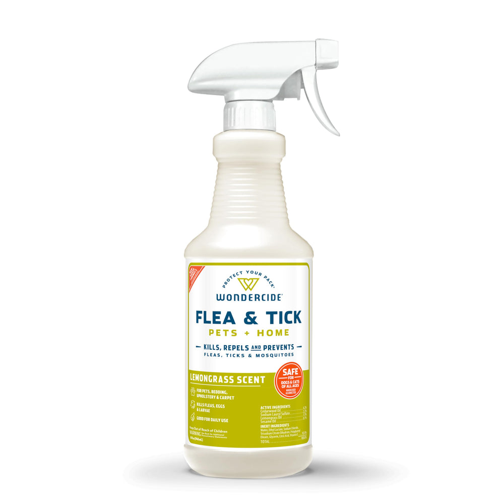 Wondercide lemongrass spray bottle for pets and home, pest control on contact.