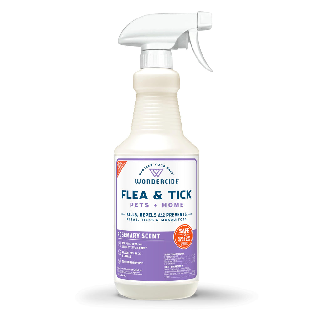 Wondercide rosemary spray bottle for dogs and cats provides pest protection.