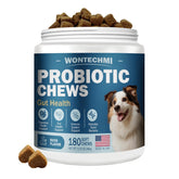 WONTECHMI Probiotics for dogs with duck-flavored soft chews close-up, supports gut balance.