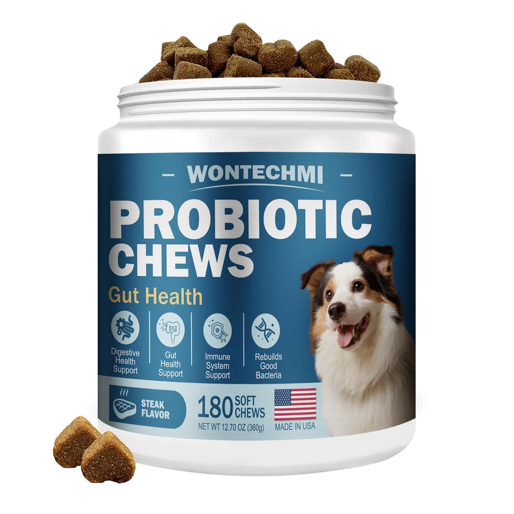 WONTECHMI Probiotics for Dogs steak chews bottle shows easy, tasty gut support.