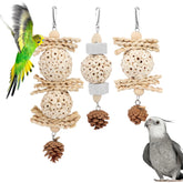 Wontee bird toys 3-pack hanging sola ball foraging fun inside a parrot cage.