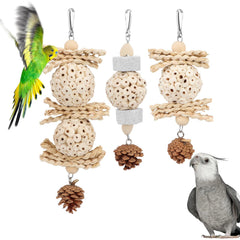 Wontee bird toys 3-pack hanging sola ball foraging fun inside a parrot cage.