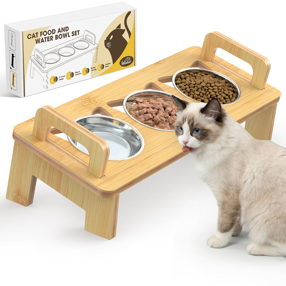 Woodever bamboo elevated cat feeder with stand for easier indoor dining