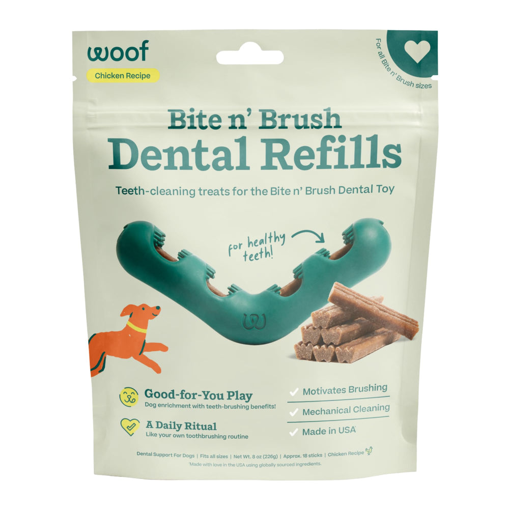 WOOF Bite n' Brush refill treats with dog toothbrush toy for at-home dental play.