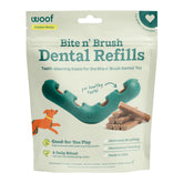 WOOF Bite n' Brush refill treats with dog toothbrush toy for at-home dental play.