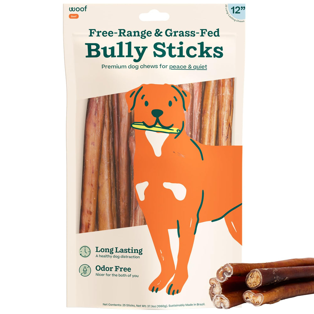 WOOF Bully Sticks 12in Pack β durable chew for long-lasting canine engagement.