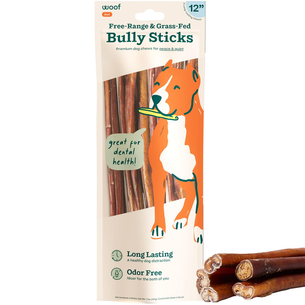 WOOF Bully Sticks 12-inch packaging shows durable chew rewards.