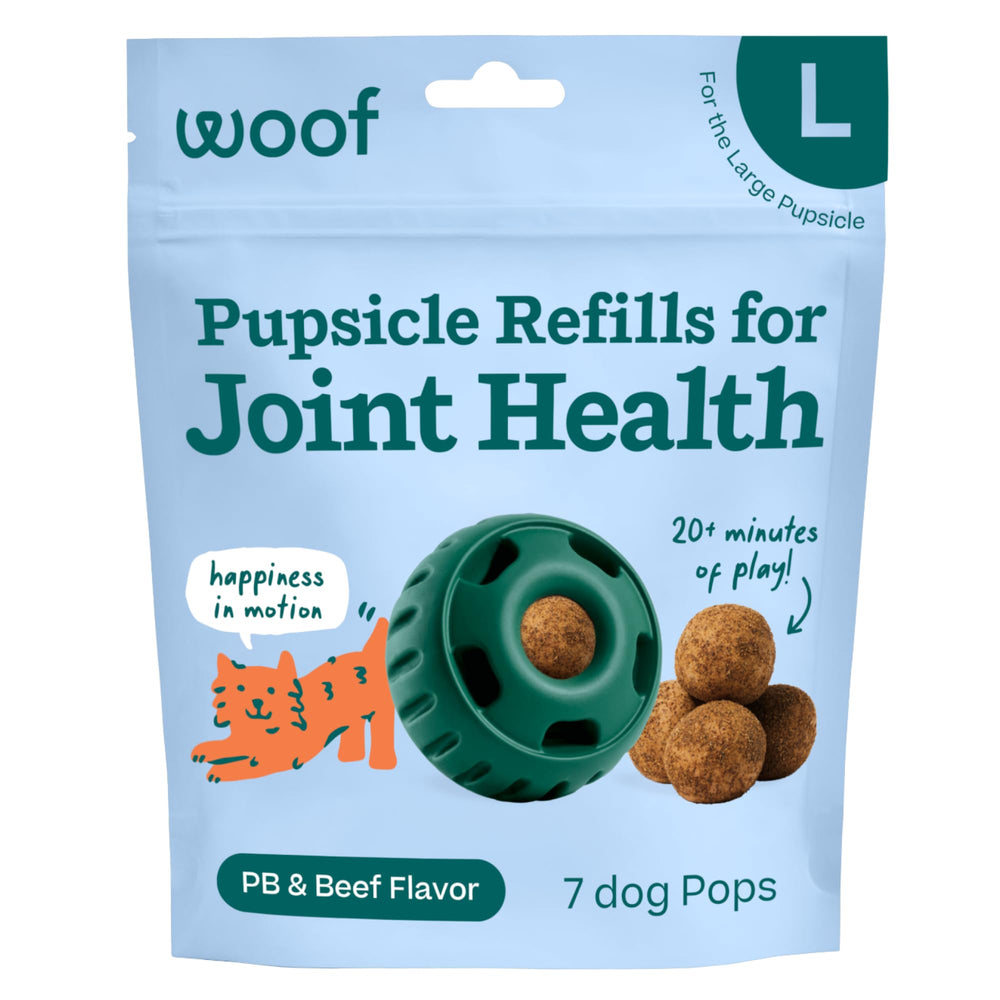 WOOF Hip & Joint Pupsicle Pops package shown for long-lasting play rewards