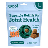 WOOF Hip & Joint Pupsicle Pops package shown for long-lasting play rewards