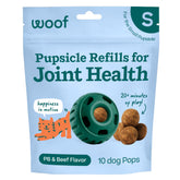 Woof Hip & Joint Pupsicle refill pops bottle pour shows long-lasting play and joint support