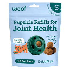 Woof Hip & Joint Pupsicle refill pops bottle pour shows long-lasting play and joint support