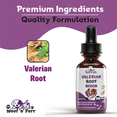 Woof n Purr calming tincture packaging highlighting valerian root for stress relief.
