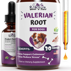 Woof n Purr Valerian Root Dog Tincture bottle for calming support.