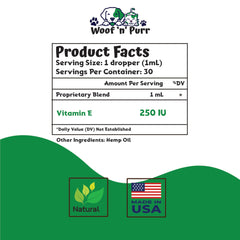 Woof 'n' Purr Vitamin E for Dogs label close-up highlighting skin and coat care
