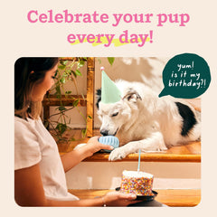 WOOF Party Pupsicle Buddy Blue filled close-up highlighting spill-free filling