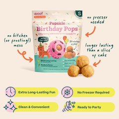 WOOF Pupsicle Birthday Pops enrichment lasts 30 minutes for focused play.