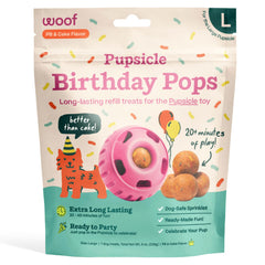 WOOF Pupsicle Birthday Pops packaging highlights wholesome ingredients for doggy celebrations.