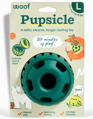 WOOF Pupsicle open center fill for mess-free stuffing and longer play.