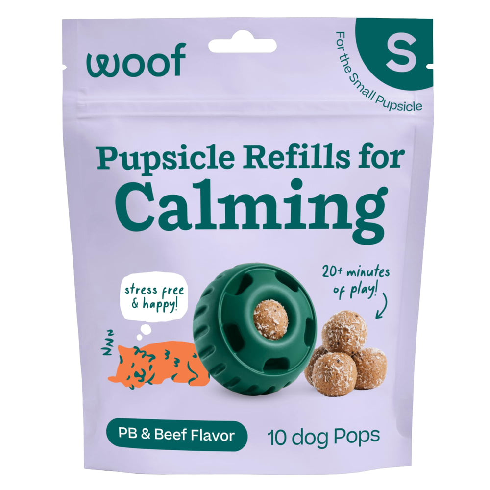 WOOF Pupsicle Refill Pops in calming packaging, ready-to-use for mess-free calm moments.