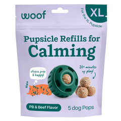 Woof Pupsicle Refill Pops pack shot highlighting calming ingredients for dogs.
